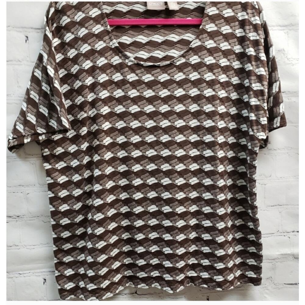 Chicos short sleeve 3 or XL Geometric stitch brown beige knit top beachy Grandma